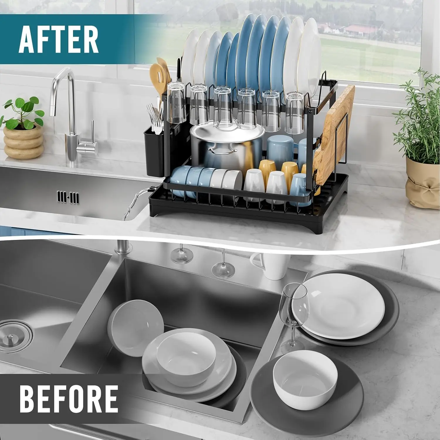 Large 2 Tier Dish Rack and Drainboard Set with Cutlery Holder Dish Drying Rack for Kitchen Counter with Drainboard