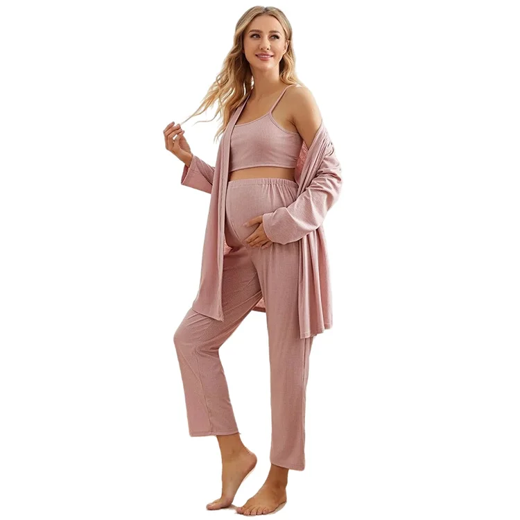 Maternity Nursing 3 Pack Solid Rib-knit Button Robe Set Pregnant Women Pajama Set