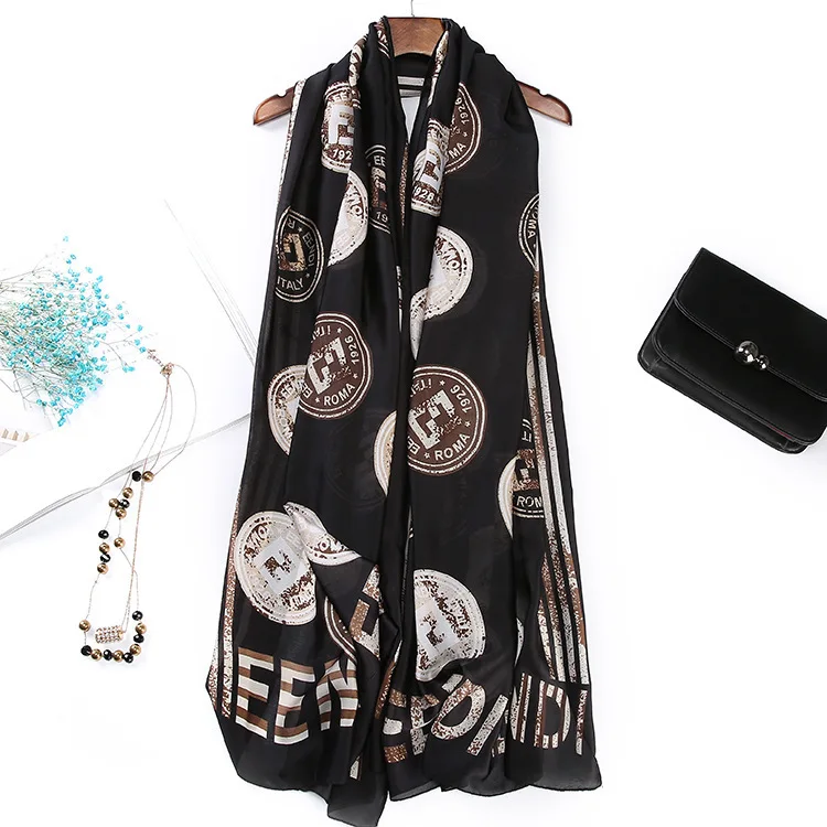 Simple Temperament Sunscreen Women Letter Circle Pattern Print Shawl Scarf New Silk Stain Digital Print Scarves In Bulk