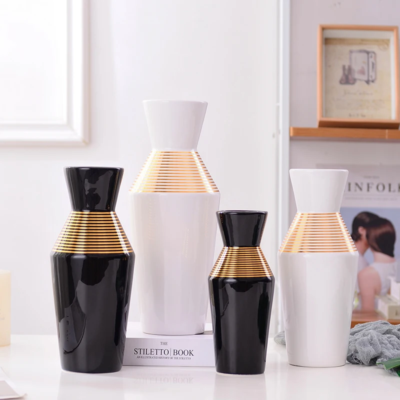 Hot sale european modern tabletop home decoration black and white ceramic & porcelain decor flower vase