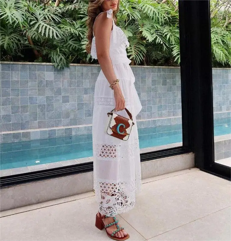 White Sweet Suspender Dresses 2024 Spring New Seaside Resort Style Lace Splicing Bow Tie Waist Long Dress Women