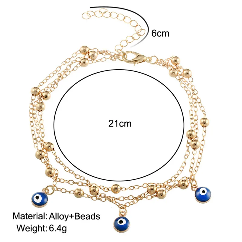 Fashion 2021 Wholesale Three Layer Chain Blue Eye Bead Anklet Turkey Evil Eyes Anklet for Women