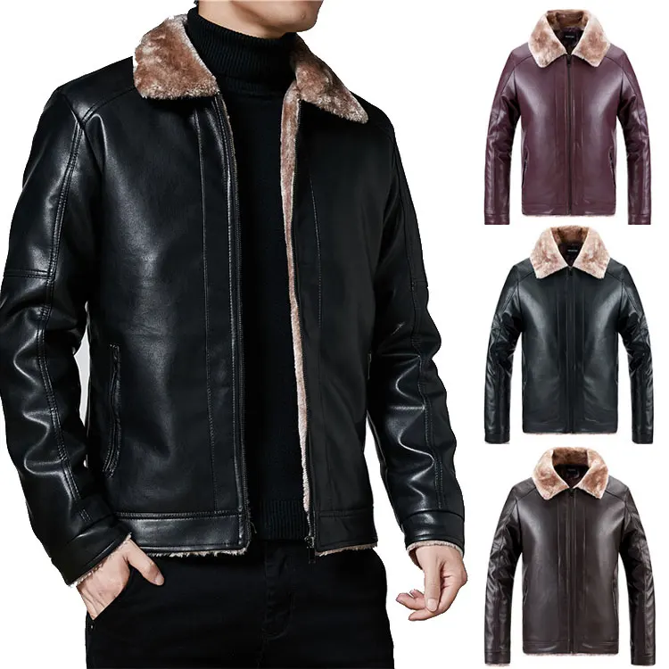 Pro-win warm motorcycle Leather Jacket for men leather fashion street wear faux fur winter coat abrigo largo chaqueta abrigo