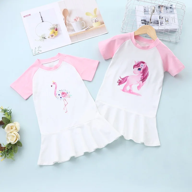 2021 Kids Clothes Cartoon Animal Horse and Flamingo Pattern Short Sleeve Girls Dresses Casual Kids Dresses for Girls Summer 0-6Y