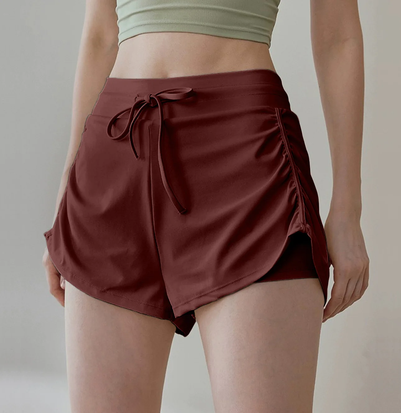 Wholesale Women Quick Dry Double Layer 2-in-1 Running Yoga Shorts Drawstring Flowy Hem Fitness Workout Athletic Wear Clothing