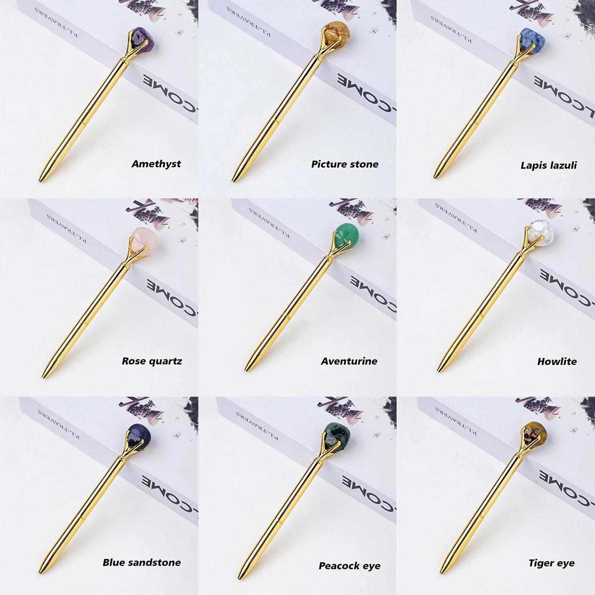 Wholesale Tumble Stone Pen Ink Pens Gold Metallic Crystal Pens Ballpoint With Custom Logo Office Student Gift