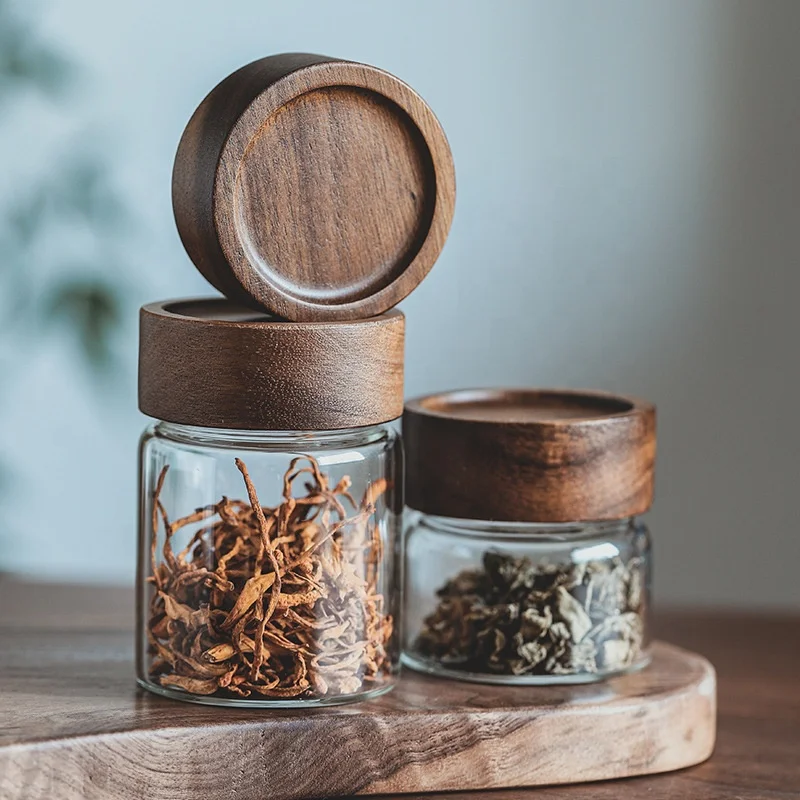 High Quality Luxurious Acacia Wood Material Kitchen Spice Storage Glass Jar with Black Wooden Lid