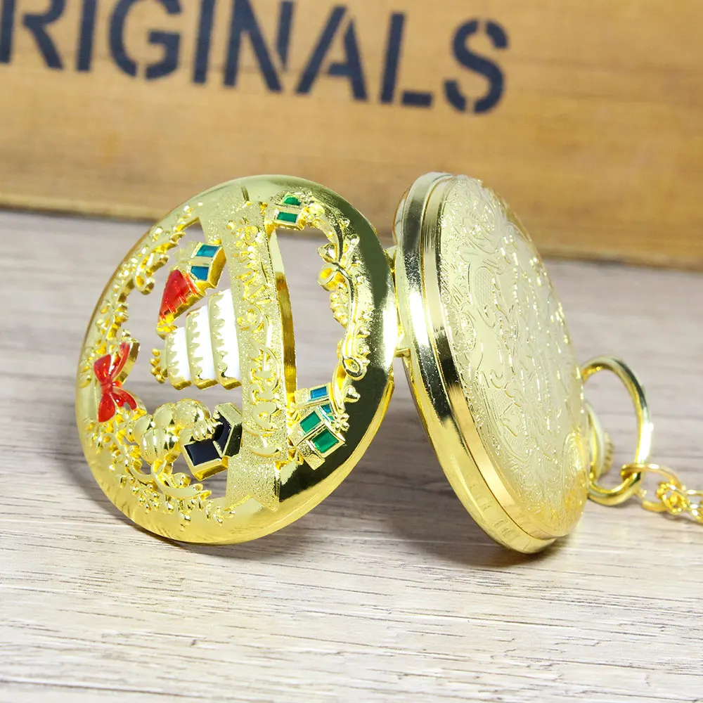 Best Sale Classic Fashion Gift Pocket Watch Happy Birthday Cake Hollow Clamshell Blessing Quartz Pocket Watch