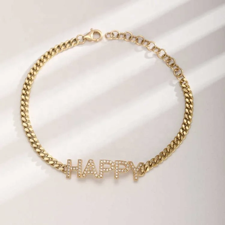 Ruyi 18k Gold Happy Letters Bracelets for Women Lab Diamond Bracelet Jewelry Friendly Gift