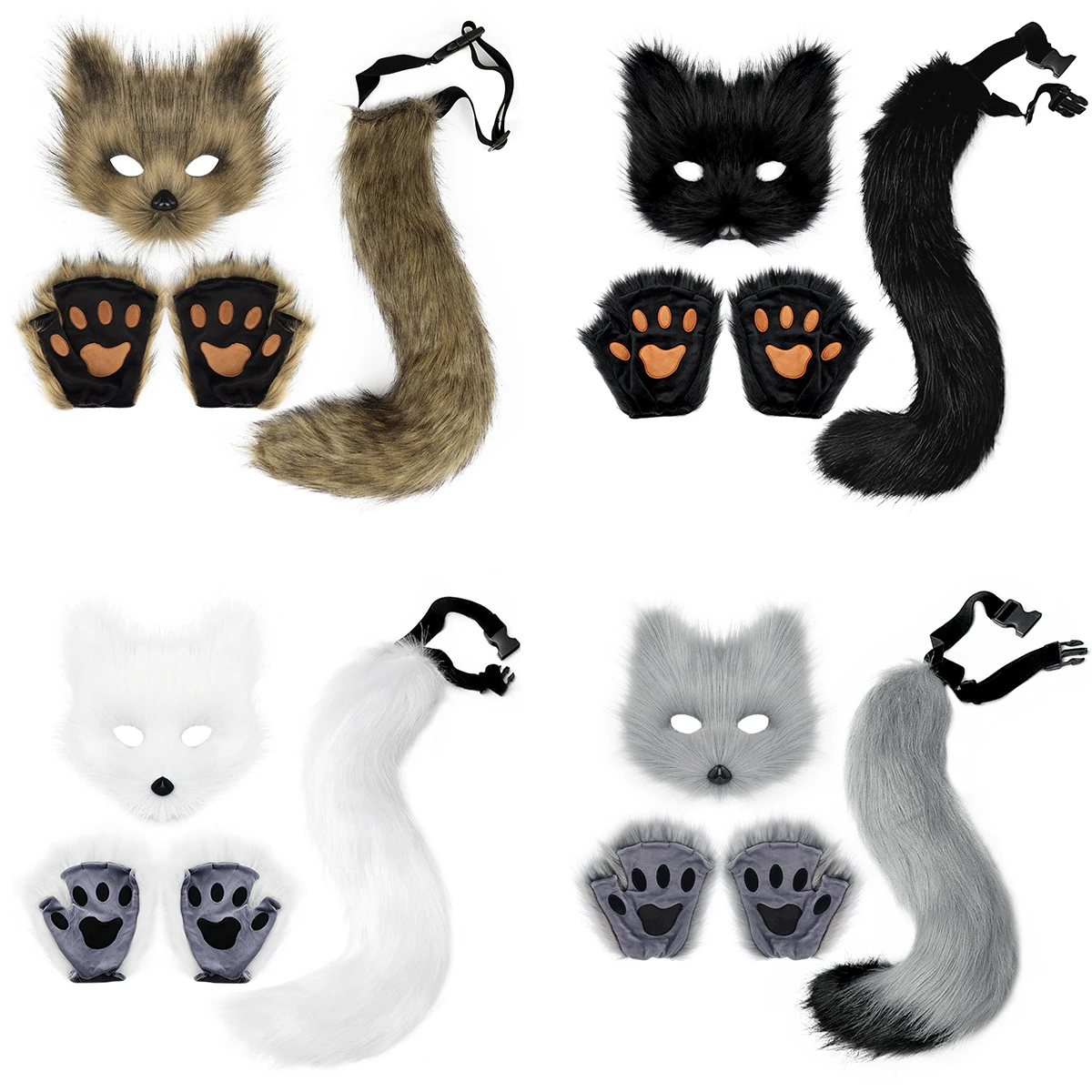 CM251 Luxury Faux Fur Fox Cat Mask Tail and Gloves Costume for Women Girls Halloween Party Wolf Cosplay