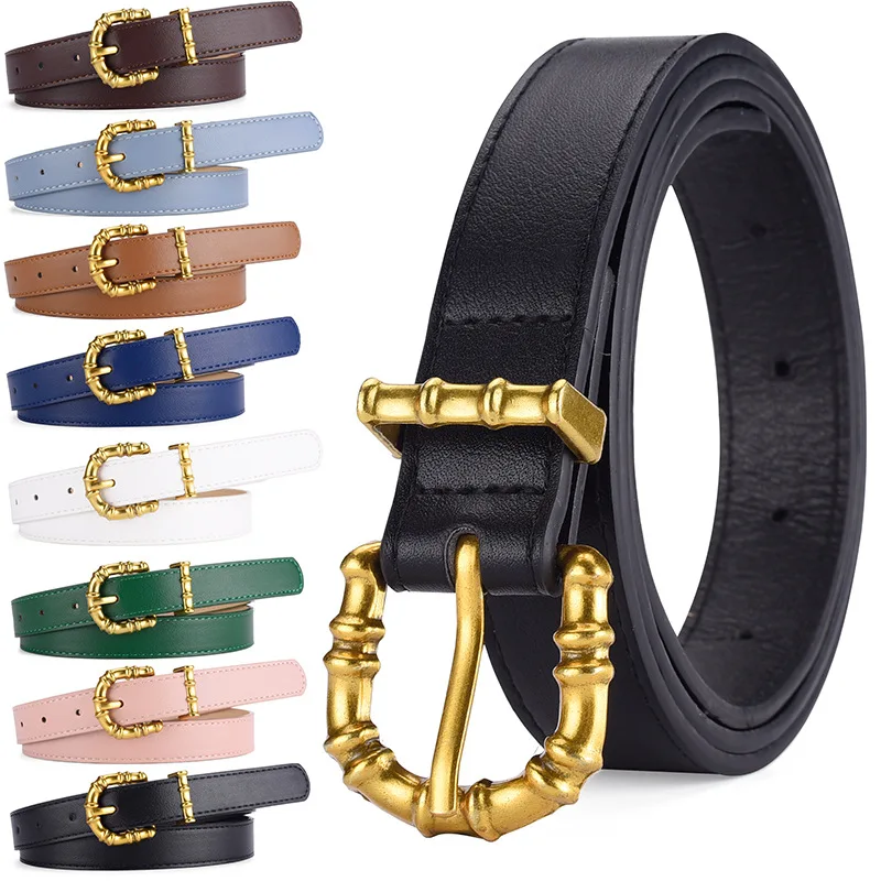 Women Faux Leather Fashion Belt with Metal Bamboo Shape Buckle Ladies Needle Buckle Waist Belts For Dress