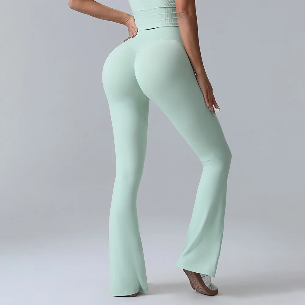 New Fitness Peach Butt Lifting Yoga Belly Leggings Wide Leg Micro Bell Bottoms Pants High Waist Antibacterial Yoga Pants Women