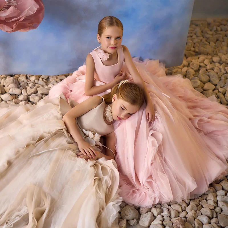 Solid Color Custom Ruffle Flowers Sleeveless Irregular Kids Luxury Flower Girls Dresses Birthday Party Princess Dress For Girl