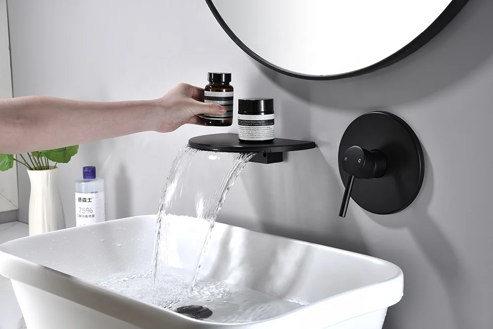 Into the wall concealed round  black  bath mixer waterfall sink kitchen faucet basin taps all copper main smart bathroom faucet