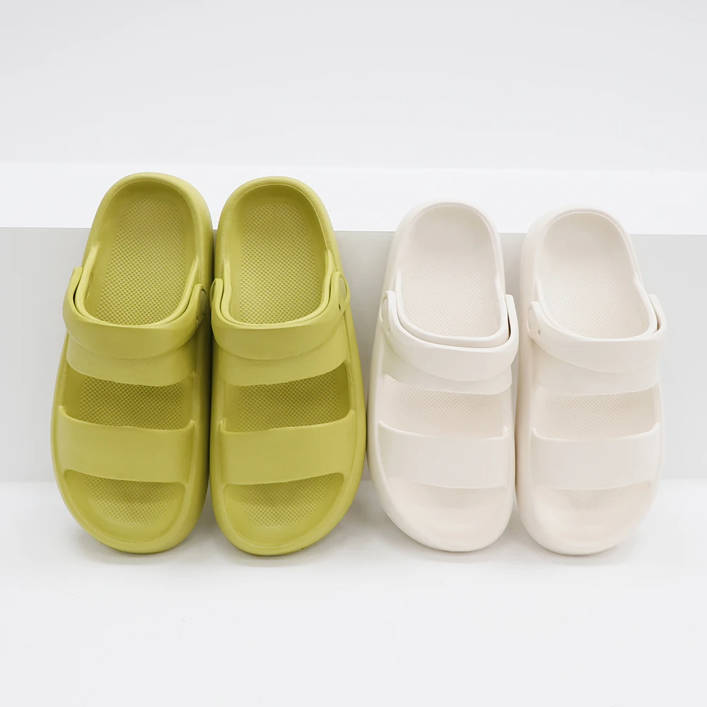 Hot Selling Outdoor Double Strap Thick Bottom Flat Sandals Light Weight Pure Color Indoor Eva Slides For Women