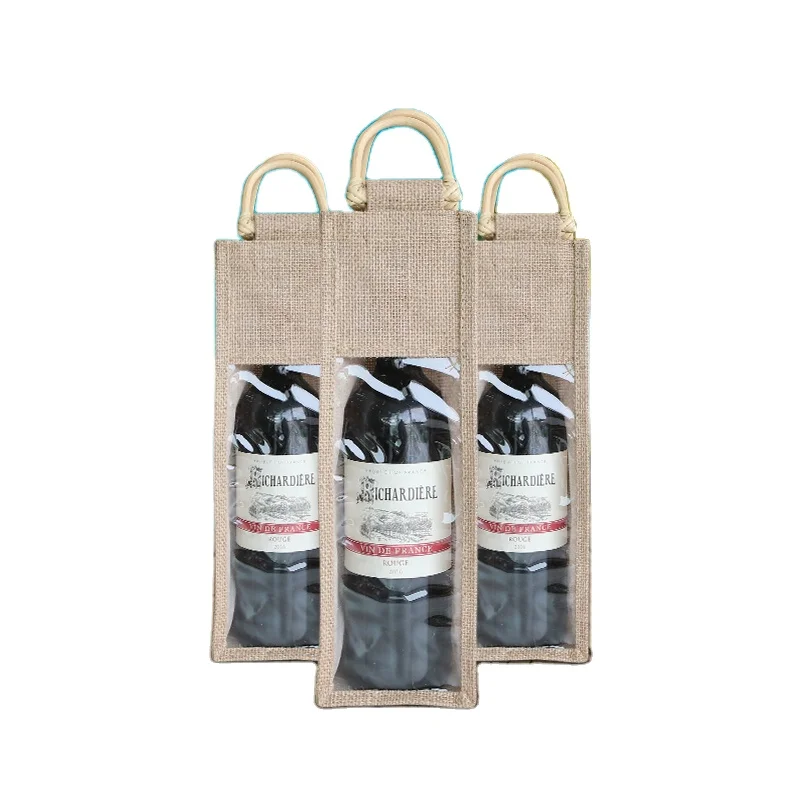Gift Tote Bags Custom Logo Wine Bags Window Wine Jute Bags for Bottles Recyclable Beer Festival Present PVC Customized Next Eco
