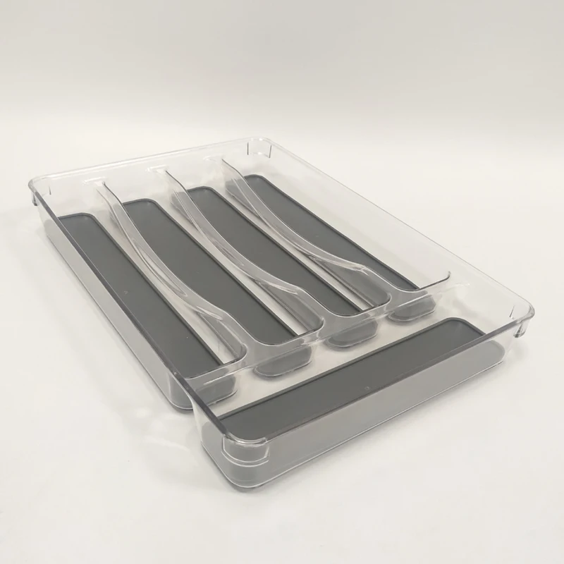 Plastic cutlery tray transparent PET material with blue grey TPR BPR Free Kitchen tray for spoon fork