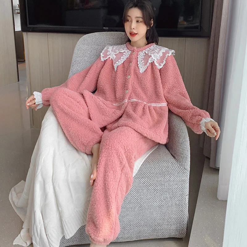 Winter coral fleece lace pajama plus size sleepwear women leisure wear