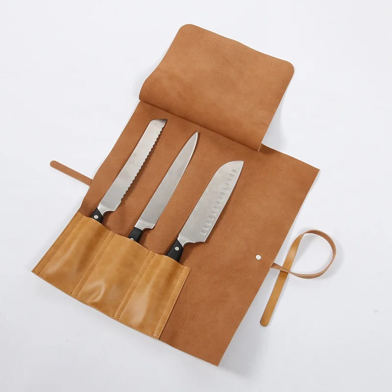 CHANGRONG Custom 3 Knife Slots  Brown Leather Chef Knife Roll Bag