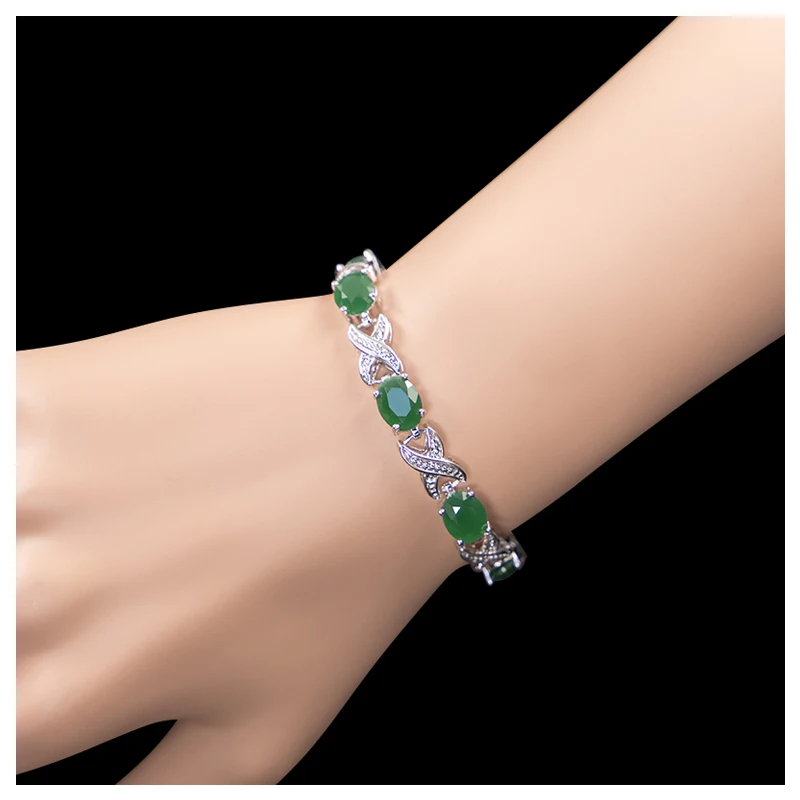 New Fashion Green Gem Jwelery Women Silver Ring Necklace Earring Four Piece Bridal Wedding Jewelry Sets