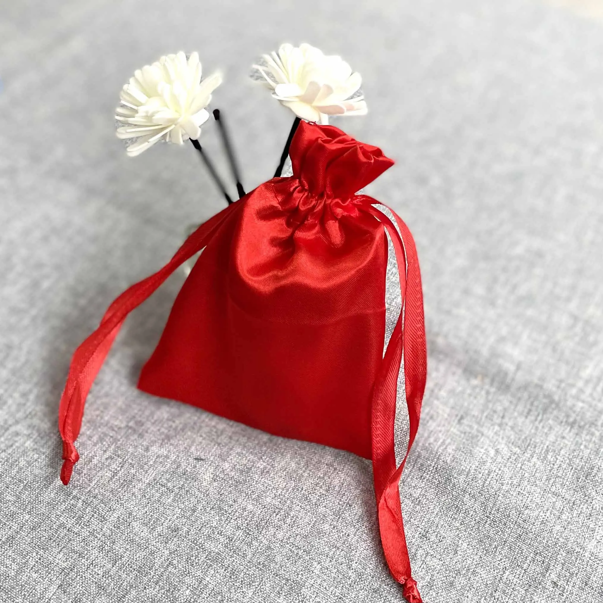 Custom Printed Small Silk Drawstring Bags Brown Satin Pouch For Hair Packaging