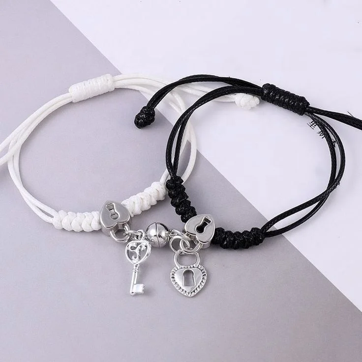 Manufacture engraved charm stainless steel wrap rope bracelet for couples magnet connect ball couple bracelet