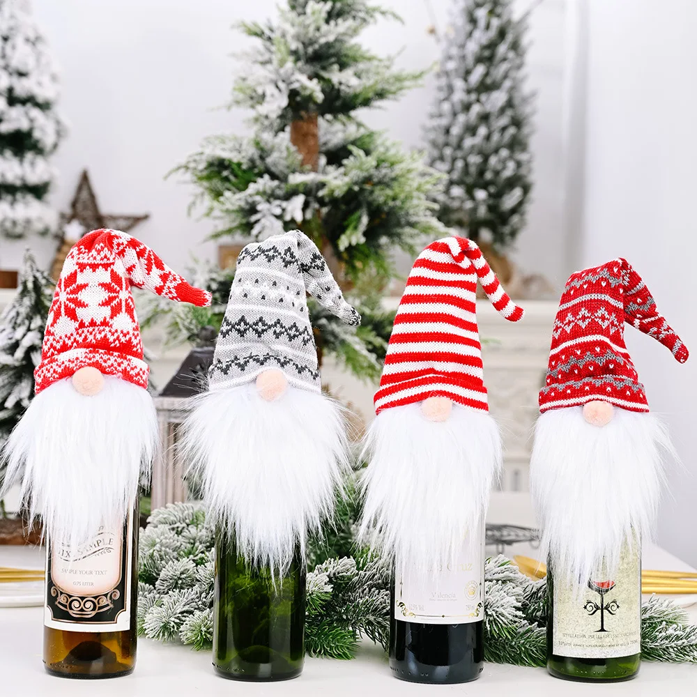 Hot Christmas Decorations Holiday Table Champagne Striped Bottle Decor Knitted Wine Covers Bottle Cover