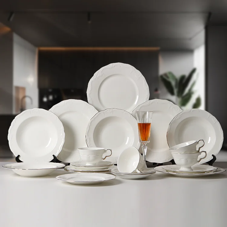 20pcs  white dinner set wholesale ceramic bone china embossed holiday dinnerware sets