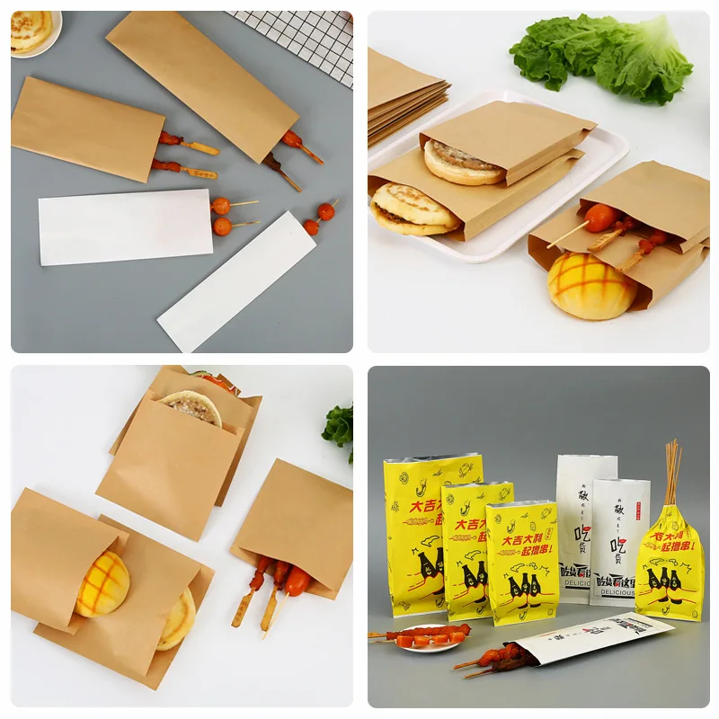 Disposable Portable Oilproof Membrane Inside Street Sausage Bbq Hamburger Hot Dog Packages Kraft Paper Bags