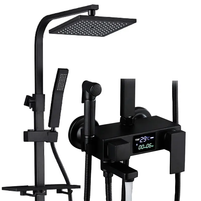 Black Constant Temperature Digital Display Faucet Shower Set Can Lift Shower Bathroom Bath Faucet Multi-Function