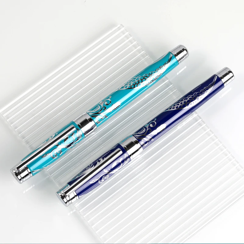Luxury Blue Silver Fountain Pen Special Pattern Customer Pen Metal Fountain Pen Businessman Gift Office Tools Stationery Factory