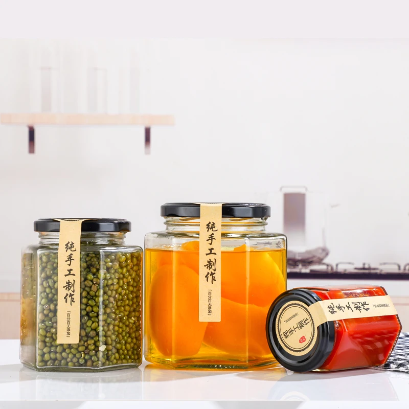 wholesale hexagon glass jars with lids hexagon jar kitchen Thickened Transparent Food Storage Jars