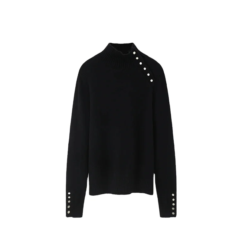 Design semi-turtleneck button-down sweater with long sleeves for women