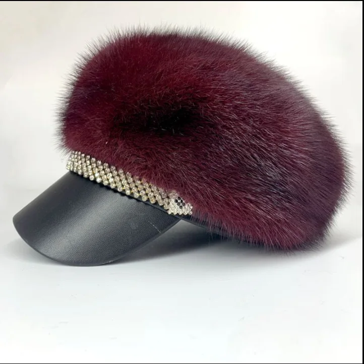 Custom baseball hat mink fur winter sheepskin leather warm ladies fashionable sports panel fluffy luxury fur hats for women
