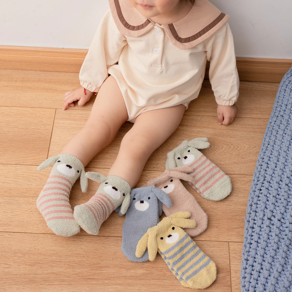 Baby fuzzy girls puppy ear socks newborn infant toddler fluffy stripe warm socks with ears