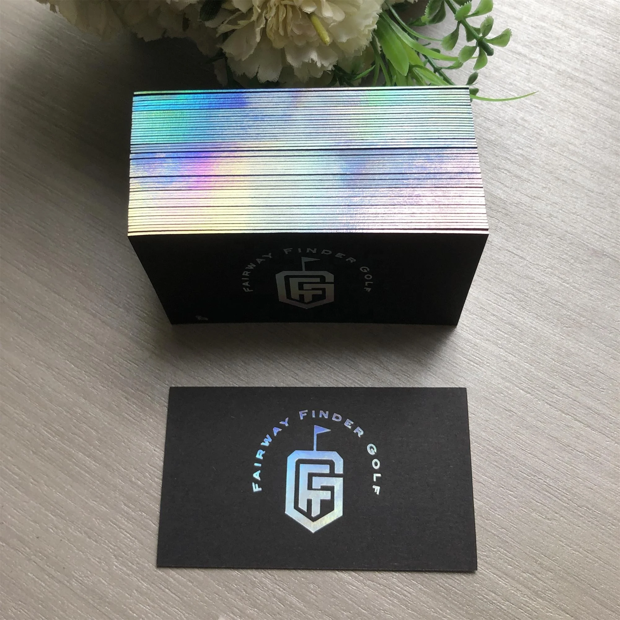 Custom colourful foil logo texts holographic rainbow edge visiting card business card