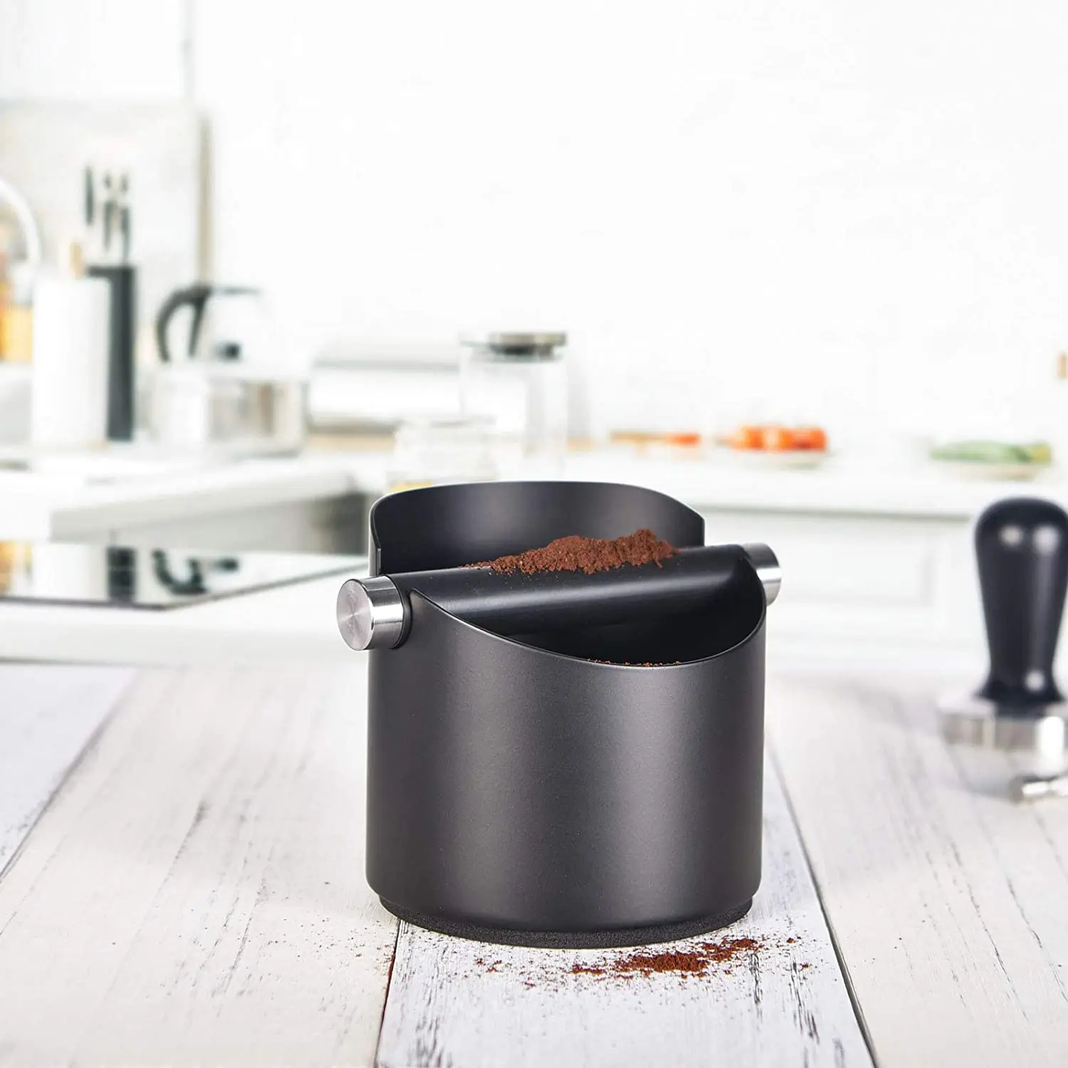 Black Stainless Steel Coffee Grounds Knock Box With Removable Knock Bar Non-Slip Rubber Base