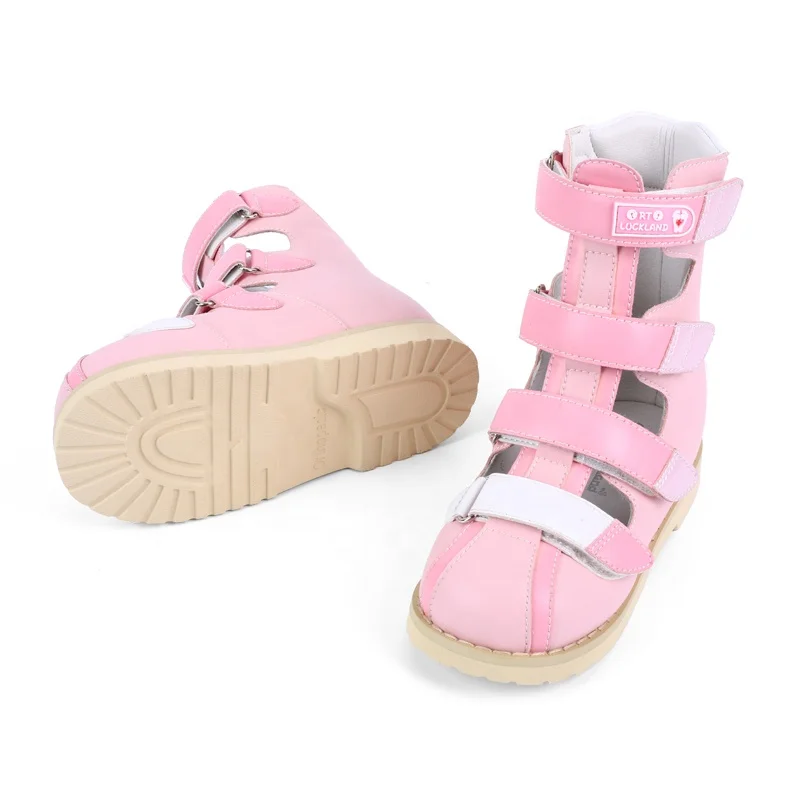 High ankle kid girls printing leather orthopedic safety shoes summer sandals for flat foot and club foot