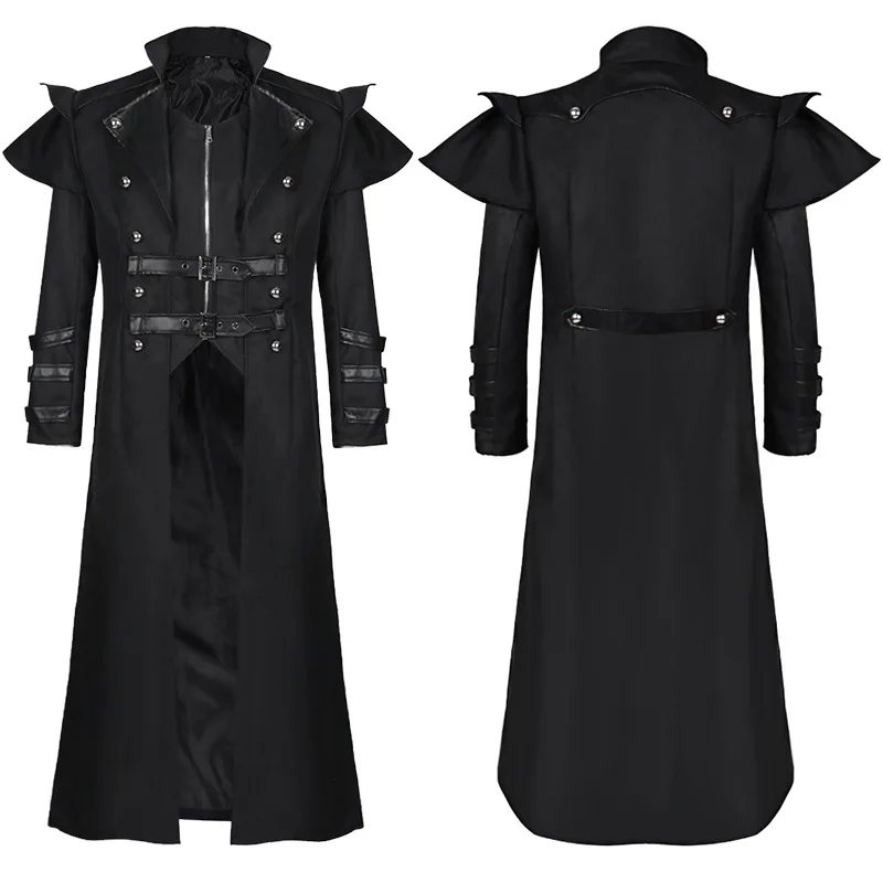 Men Medieval Steampunk Assassin Cosplay Costume Victorian Monk Gothic Black Long Coat Vintage Pirate Overcoat S-3XL