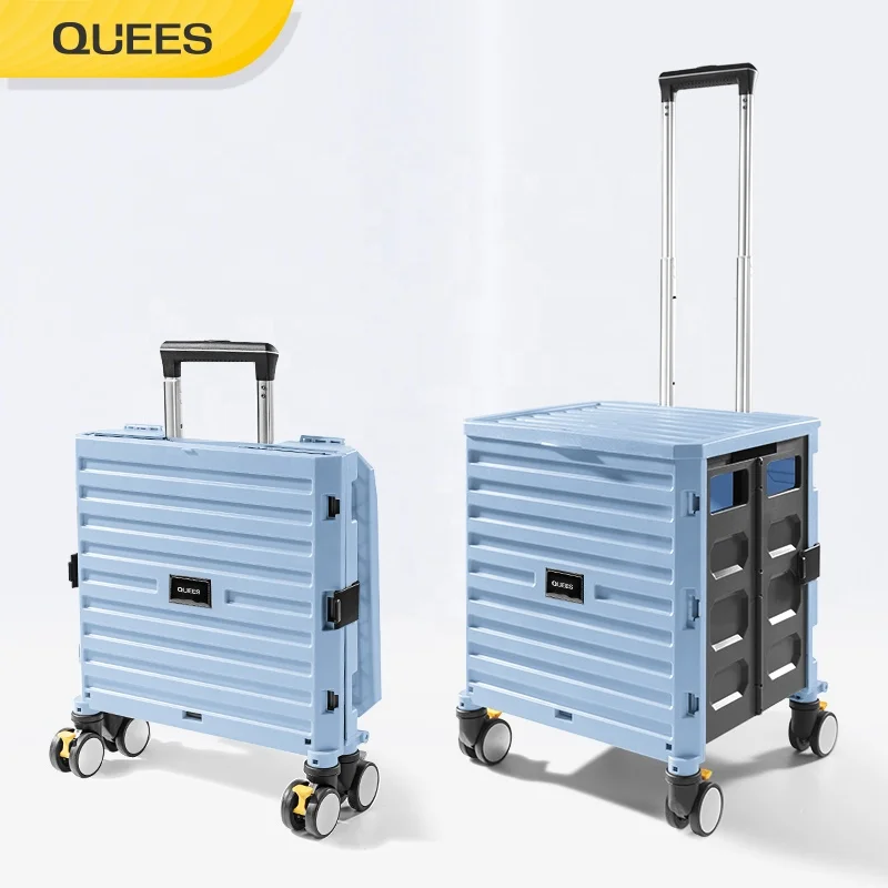 Quees design foldable supermarket shopping trolley cart bag wheel caster shop folding trolleys shopping