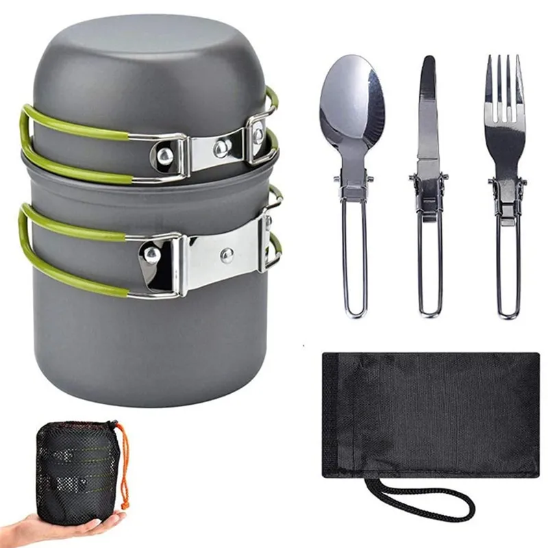New Camping Cookware Mess Kit with Mini Stove Lightweight Pot Tank Bracket Knife Fork Spoon Stainless Steel Cup and Corkscrew