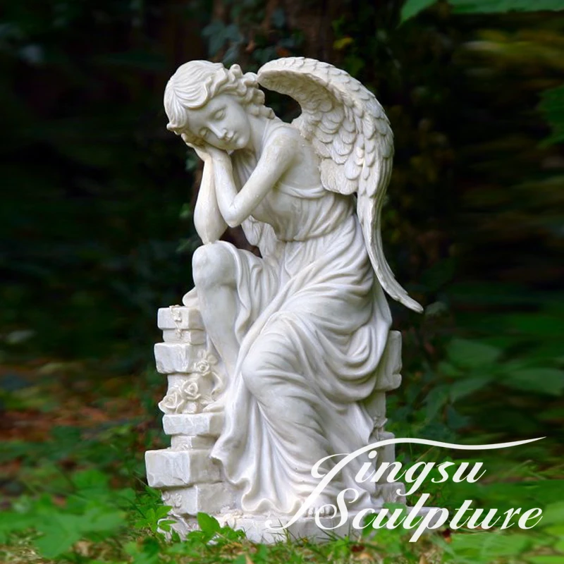 Hand carved customized marble angel cemetery statues with a garland for outdoor decoration