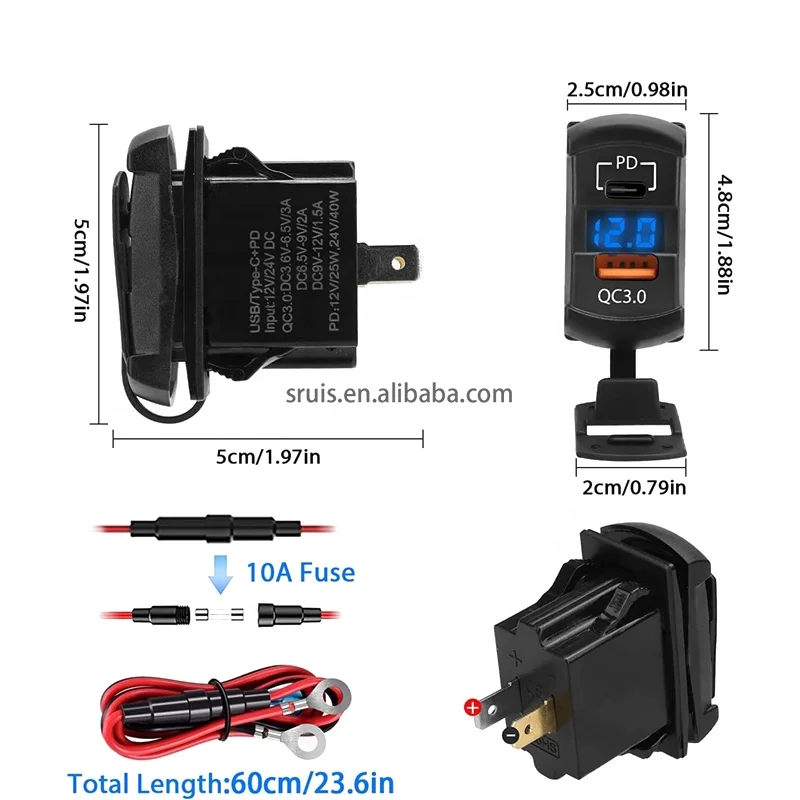 36w 12V USB Outlet, Rocker Switch USB Charger USB C Car Charger and Quick 3.0 Adapter PD Charge Panel