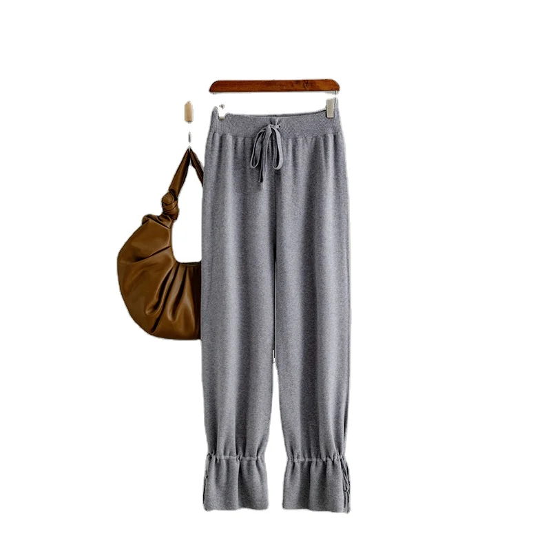 Women Autumn and Winter Knit Trousers Wide Leg Loose Pants Ankle Length Pants Casual Trouser Elastic Waist Plus Size Pants