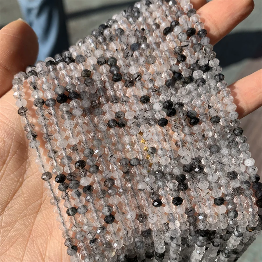 wholesale 4*3mm 3*4mm Natural Black Quartz Rutilated Faceted Rondelle Beads  Spacer Faceted Rondelle Stone Beads For Jewelry Mak