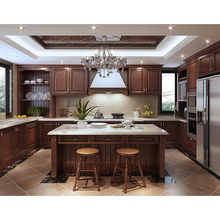 Custom european style red cherry real solid wood cabinet furniture rosewood kitchen cabinets set designs with island