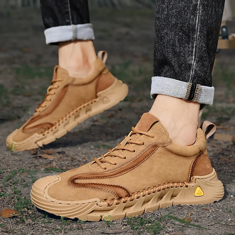 In Ready Stock Custom LOGO 4 Season Hand Made Breathable Genuine Leather Mesh Upper Rubber Sole Men Casual Walking Sneakers