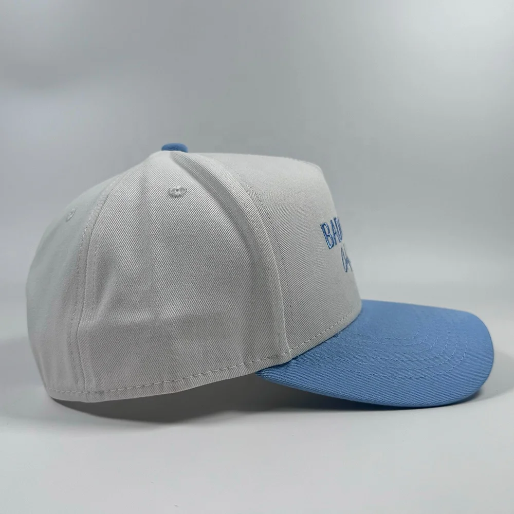 OEM popular classic cotton unisex white baby blue A frame two tones snapback hat custom embroidery design oversize baseball cap