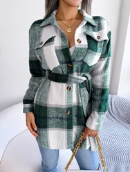 Plaid Ladies Wool Coat Outwear Jacket Winter Casual Warm Coats for Women
