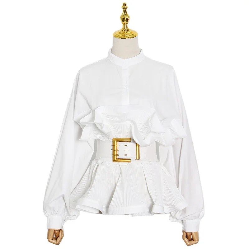 ONEINALL Stand Collar Long Sleeve Sashes Blouse Female Fashion New Clothing 2021